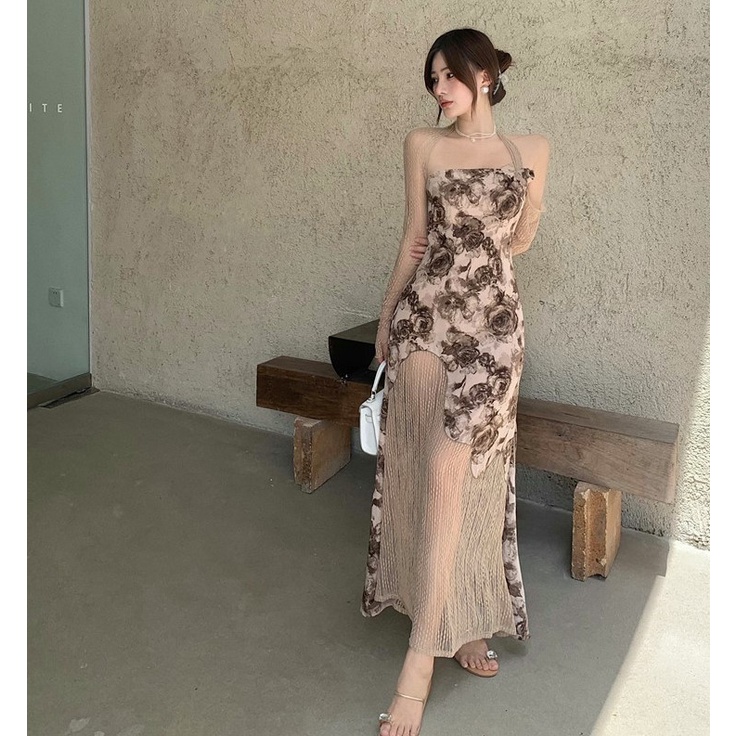 MARTHA | Váy Hoa Nữ Martha Sexy Lệch Vai Kiểu Pháp Cổ Lửng Dài Tay Túi Ngang Hông, Đầm Tiểu Thư Xẻ Tà Ulzzang