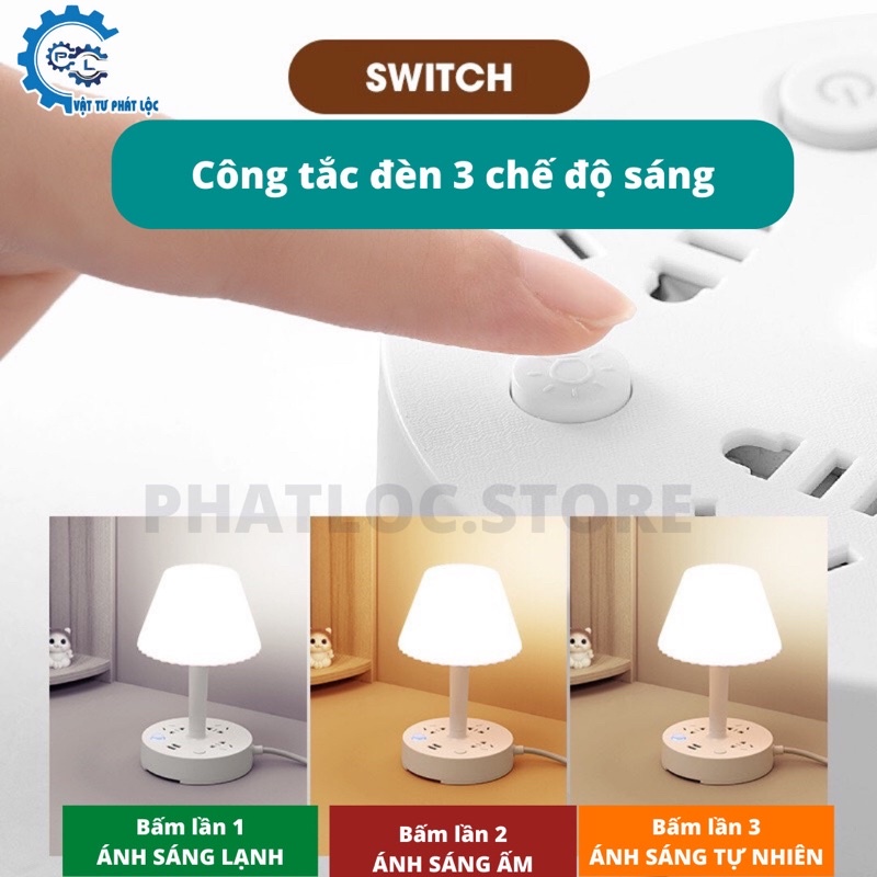 Đèn Ngủ Để Bàn Sọc Đa Năng Kiêm Ổ Cắm Sạc USB- 3 Chế Độ Ánh Sáng, Sạc Nhanh, Ổ Chịu Tải 2500W