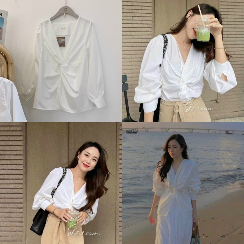 SƠ MI CỔ V XOẮN NGỰC TRẮNG ✨LOTUS SHOP✨ lvs