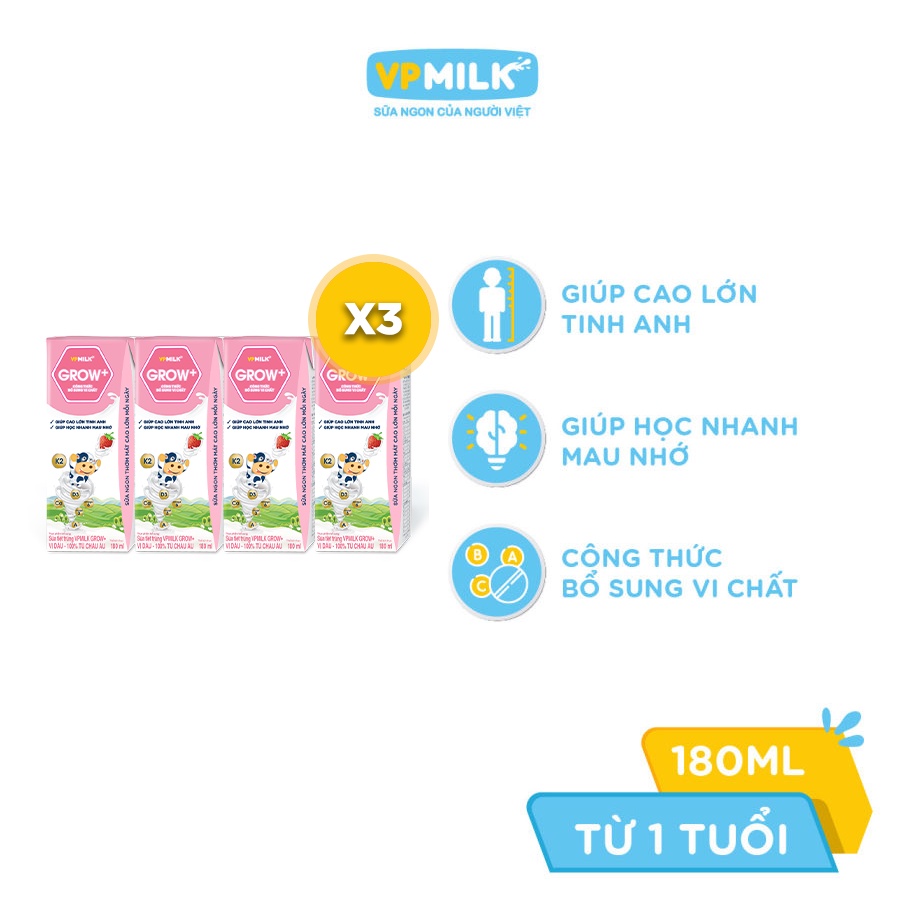 Combo 3 lốc sữa tiệt trùng VPMilk Grow+ vị dâu 180ml (lốc 4 hộp x 3)