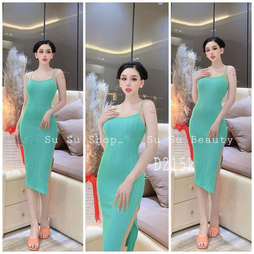 Đầm xốp 2 dây ôm body xẻ tà trơn cực xinh , chất thun xốp dày dặn