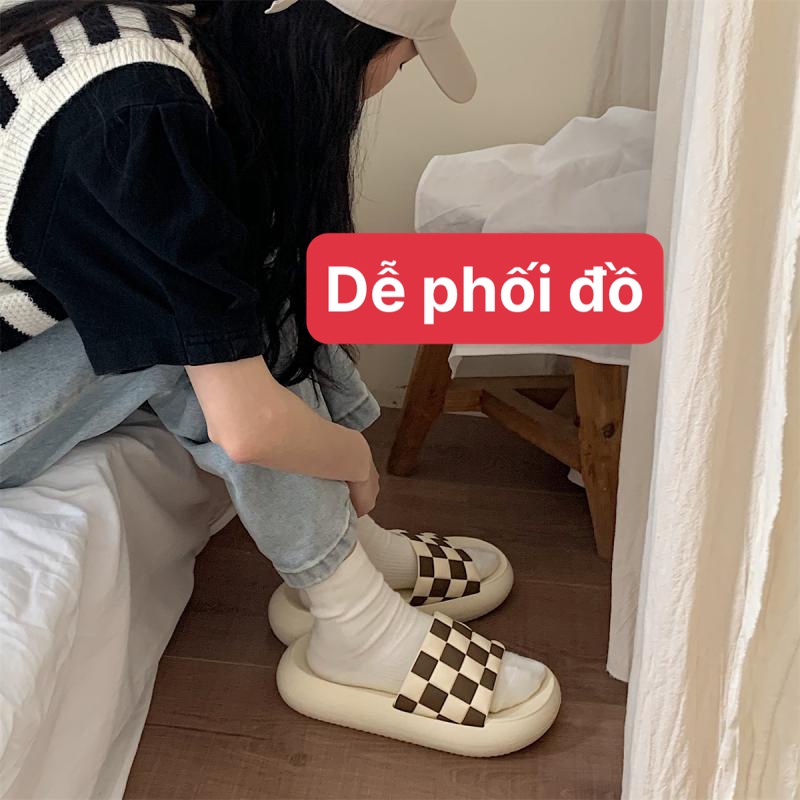 Dép bánh mì nữ quai ngang độn đế 3cm kẻ ô caro chất liệu eva kiểu dáng ulzzang unisex đi mưa siêu nhẹ-giày dép 97