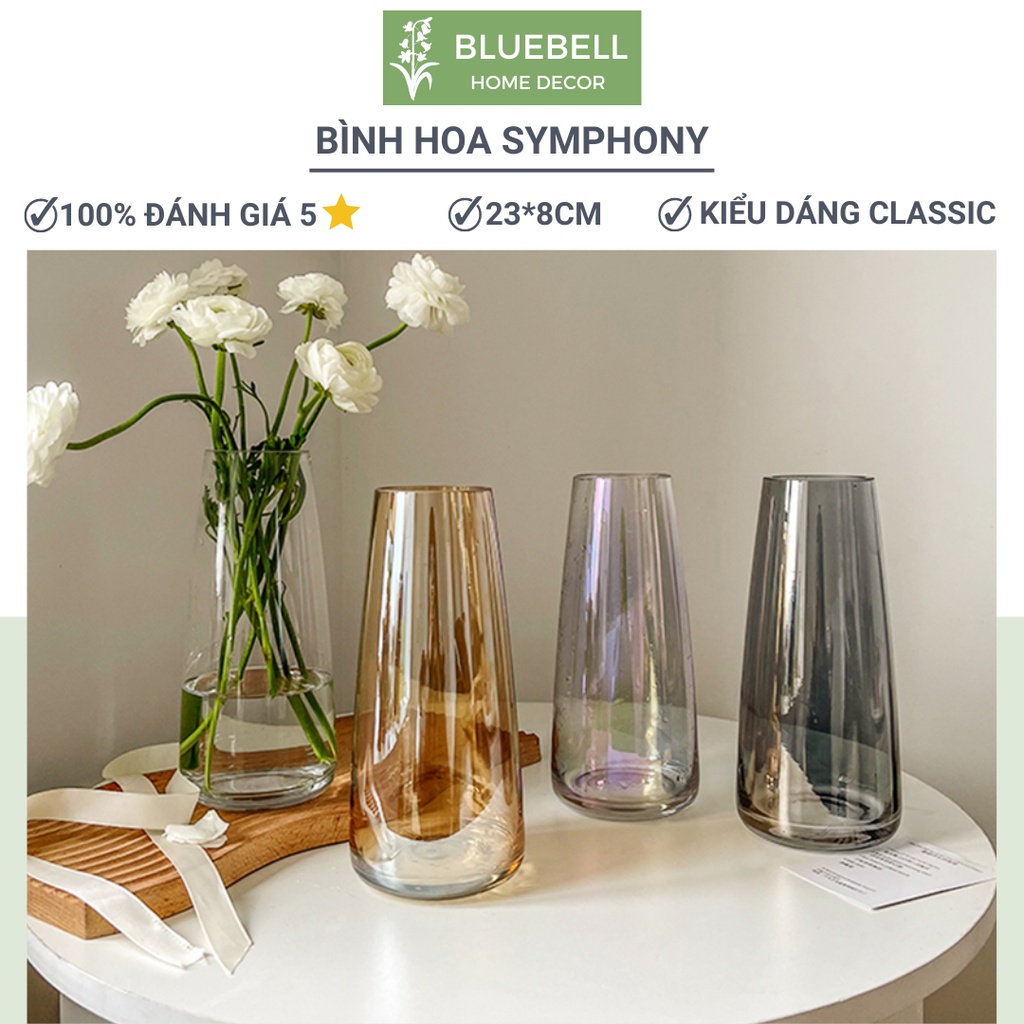 Lọ Hoa Thuỷ Tinh Phong Cách Bắc Âu, Bình Hoa Decor Symphony Nhiều Màu Kèm Hoa Để Bàn BlueBell