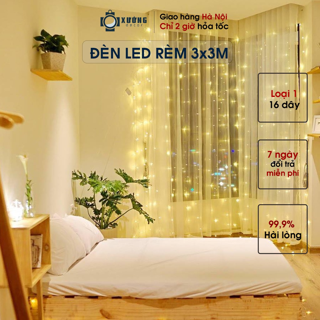 Đèn trang trí rèm 3x3m 16 dây thả, đèn led rèm mưa màu vàng ấm trang trí background, quà tặng ngày 8/3,...
