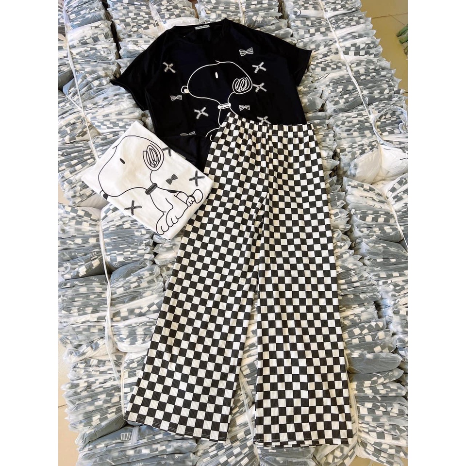 Set bộ áo thun in hình gấu chó + quần ống suông, set áo from rộng quần kẻ caro,bộ quần dài mặc đi chơi mặc nhà siêu xinh