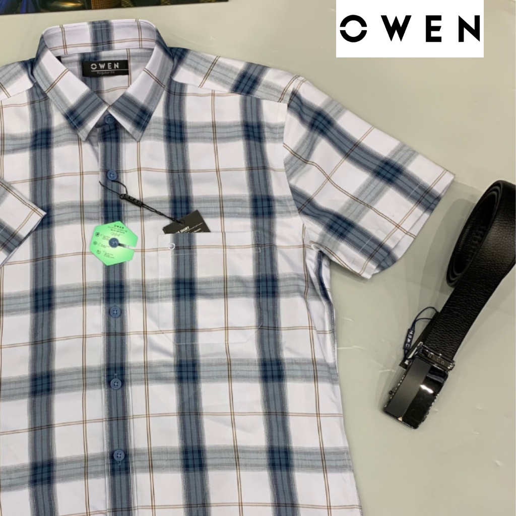 Áo sơ mi nam ngắn tay OWEN AR220406NT somi công sở vải bạc hà cao cấp màu kẻ caro xanh trắng dáng suông tà lượn có túi