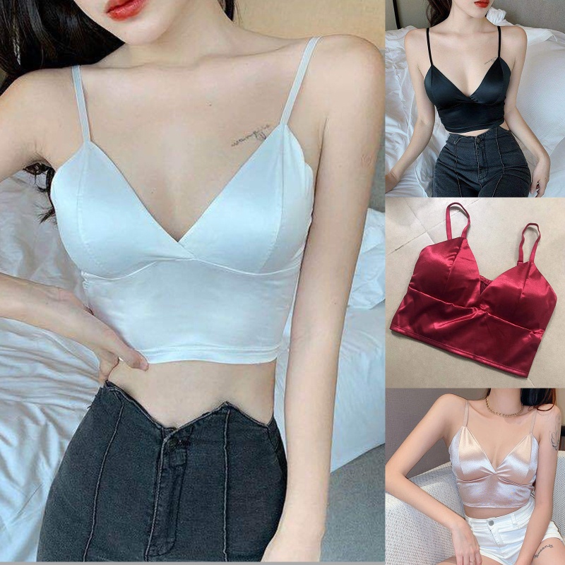 Áo Hai Dây Cổ Chữ V Màu Trơn Phong Cách Pháp Quyến Rũ Cho Nữ