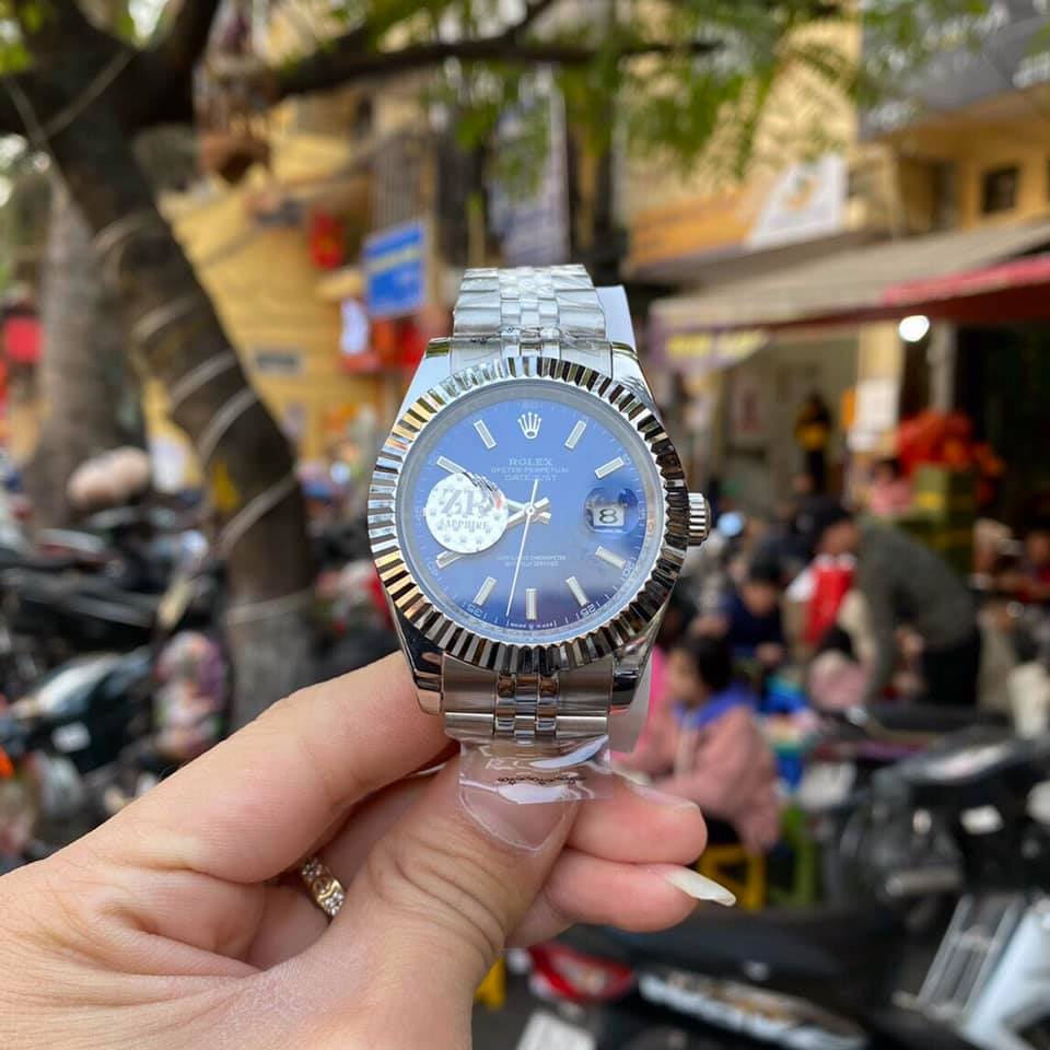 Đồng hồ Nam Rolex 3kim 1 lịch mặt xanh số gạch có dạ quang máy nhật chạy cơ Automatic size 41mm vỏ trắng