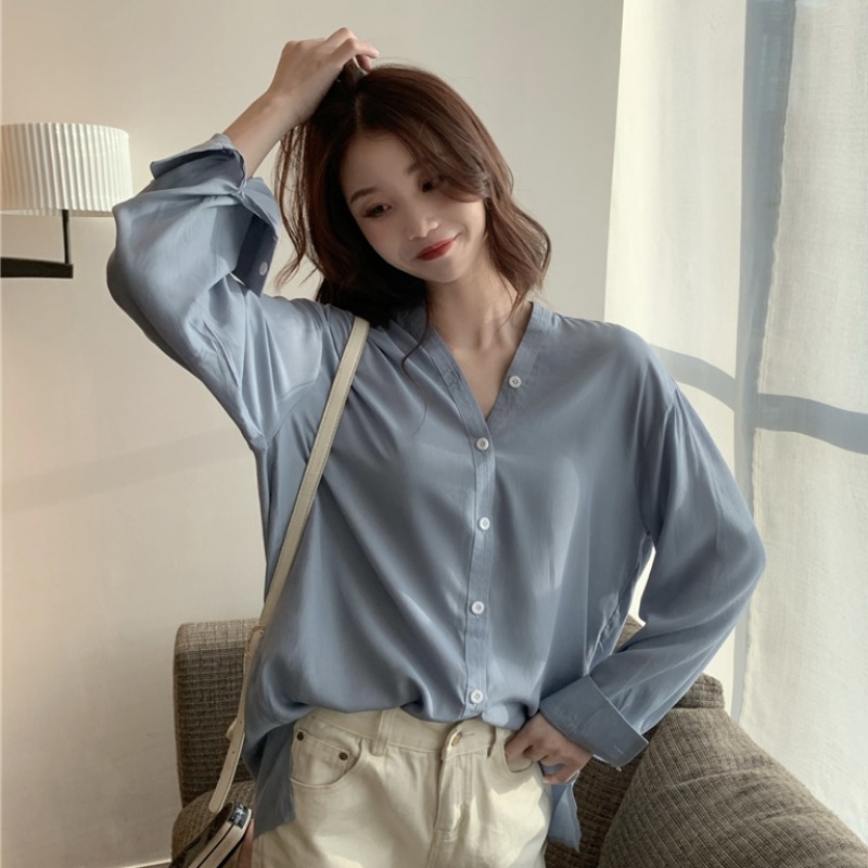 Áo Sơ Mi Dài Tay 171210Áo Sơ Mi Nữ Tay Dài Cổ Chữ V Màu Sắc Thanh Lịch