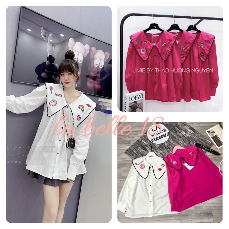 Áo sơ mi cổ viền bèo thêu hình Áo sơ mi trắng hồng dáng babydoll chất thô lụa