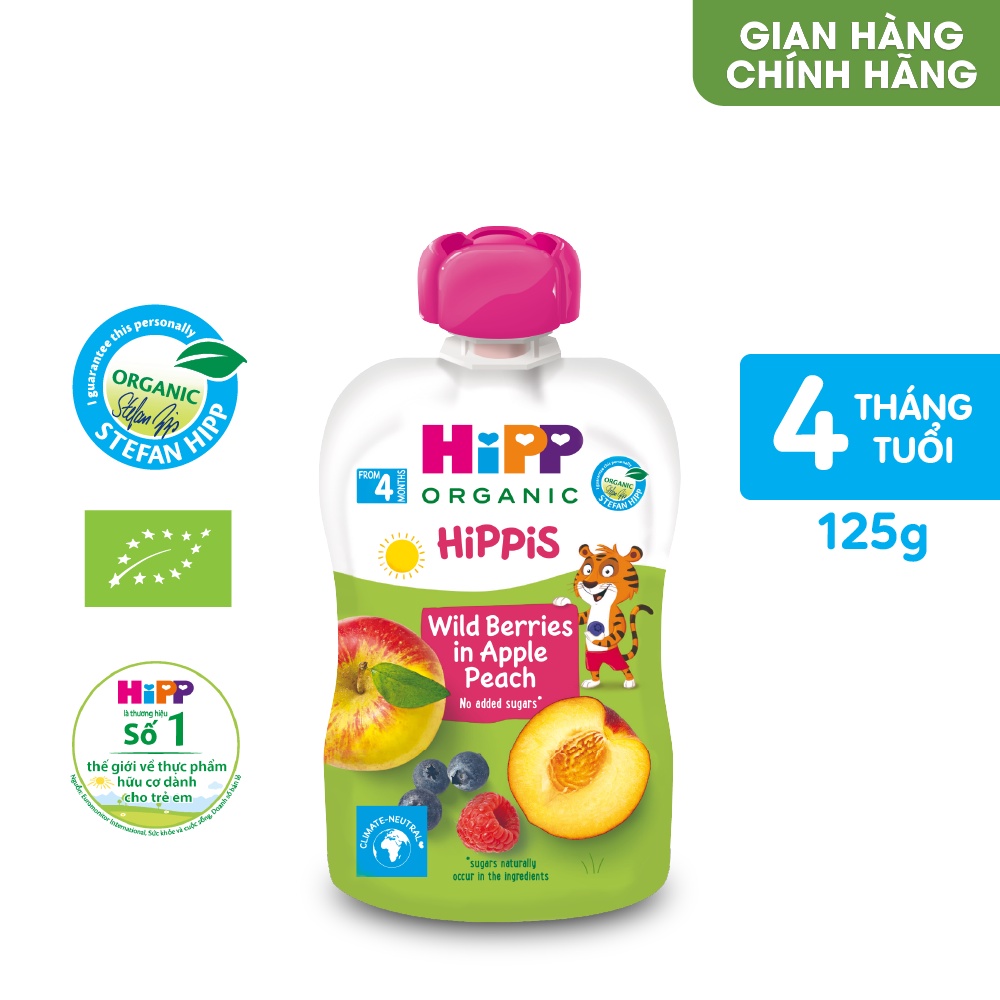 Dinh dưỡng 100% Trái cây nghiền Organic HiPPiS Dâu rừng, Táo, Đào 100g