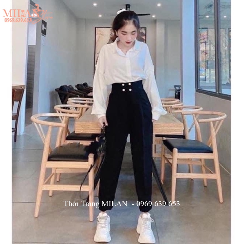 Quần tây nữ đi học lưng cao cúc bấm dáng dài màu đen - Quần vải baggy cạp cao học sinh chất tuyết mưa  mặc công sở đẹp