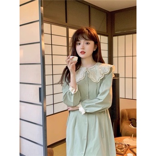 Váy/đầm thu dong xanh mint viền cổ ren trắng xinh xẻo xẻ tà