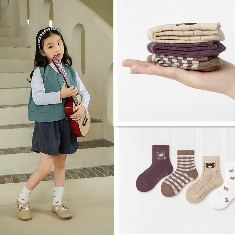 Set 5 Đôi Tất Vớ Sọc Ca Rô / Hình Gấu Nâu Hoạt Hình Chất Liệu Cotton Thời Trang Mùa Thu 2022 Cho Bé 1-12 Tuổi