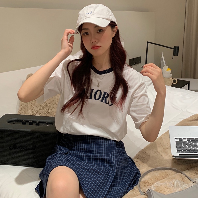 Áo thun SUXI tay ngắn cổ tròn dáng rộng chất liệu cotton in chữ màu sắc đơn giản thời trang mùa hè