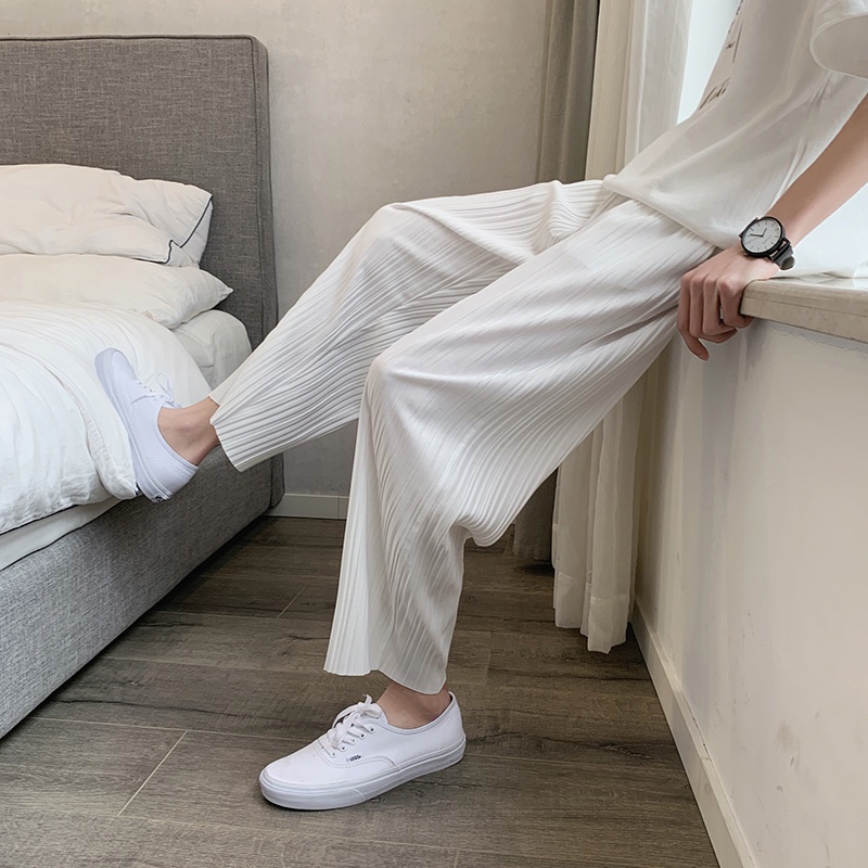 Quần Dài Vải Lụa Mát Mỏng Ống Suông Rộng Xếp Ly Thời Trang Mùa Hè