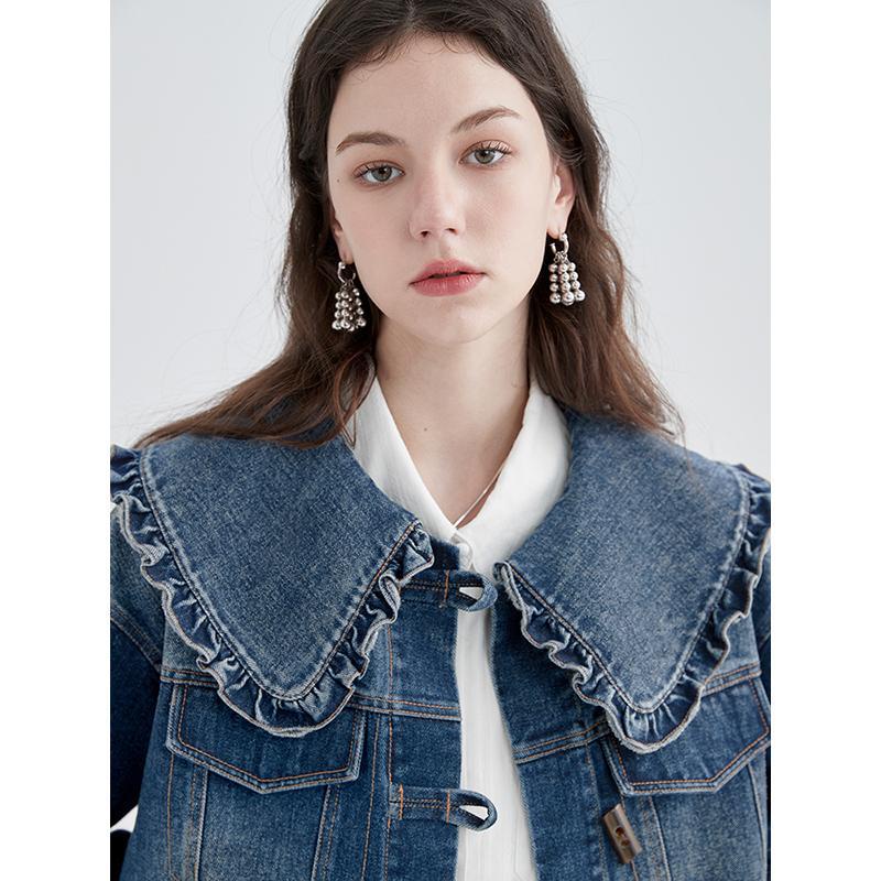 ☍Áo Khoác Denim Cổ Búp Bê Phong Cách Hong Kong Thời Trang Mùa Xuân 2022 Mới Cho Nữ