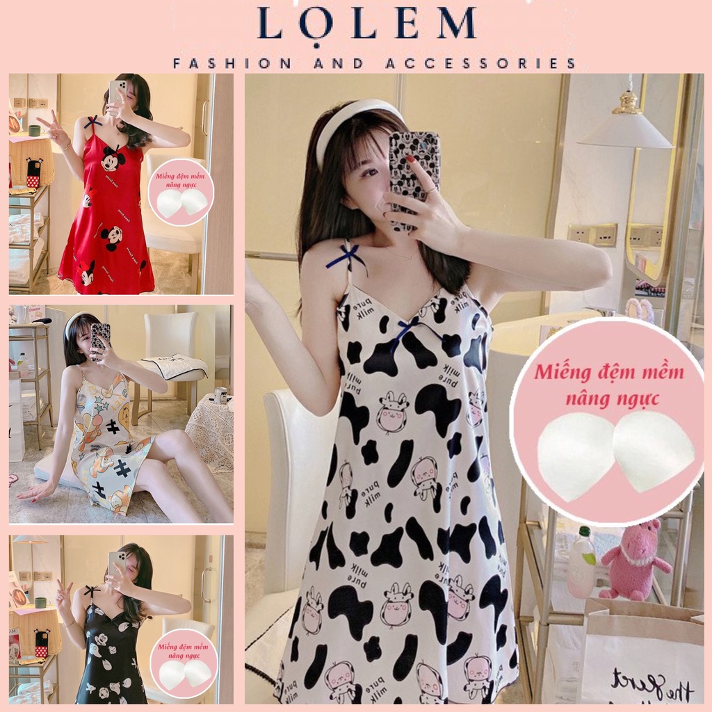 Váy Ngủ Hai Dây Đầm Ngủ Nữ Sexy Dễ Thương Bigsize Chất Lụa Satin Có Đệm Mút Nâng Ngực Mặc Nhà Thoải Mái
