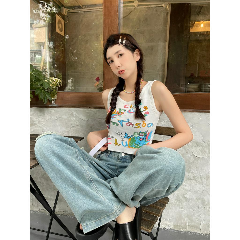 Áo Croptop Dệt Kim Cổ Tròn In Họa Tiết Phong Cách Retro Mỹ Cho Nữ