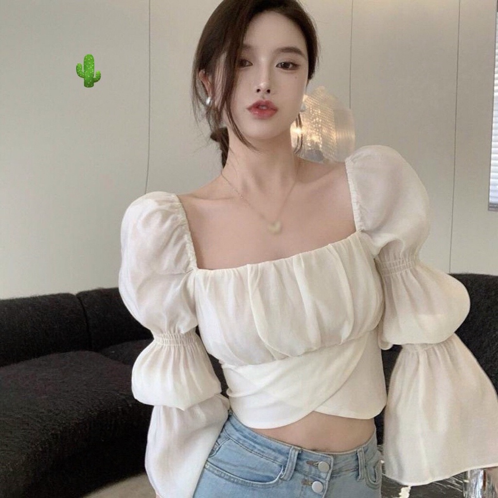Áo croptop cổ vuông tay nhún, cột nơ sau lưng siêu cute