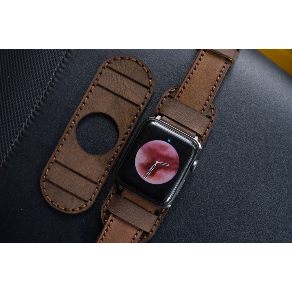 Dây Apple Watch , iWatch , iphone Watch da bò nâu đất kèm tấm đệm chống mồ hôi RAM Leather bundstrap b1