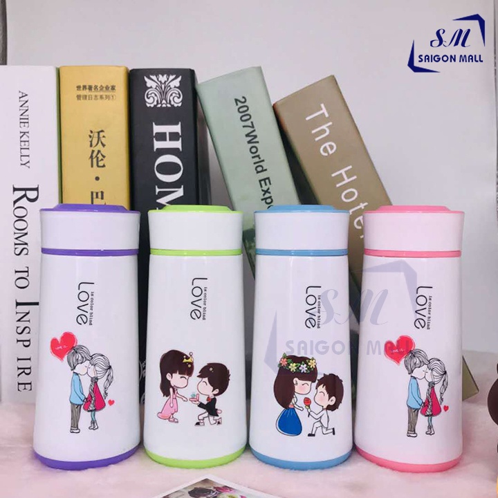 Bình giữ nhiệt lõi thủy tinh vỏ bọc nhựa in hình dễ thương 400ml và 450ml-đặc biệt có dây xách rất tiện lợi
