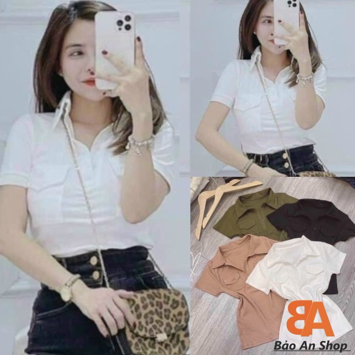 Áo thun cổ bẻ phối túi