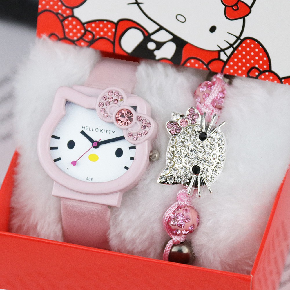 Đồng hồ đeo tay cho bé gái PINK038 [FREESHIP] Pink Xinh Decor Hello Kitty đủ màu trắng xanh hồng đỏ đen