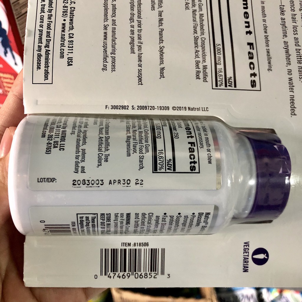 { SALE221 }  ❤️ [Date 31/8/2022] Natrol Biotin Hair Nails Skin 5000 mcg 250 viên Mỹ, Hương