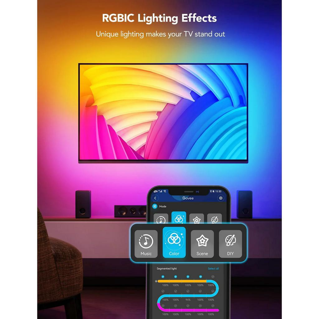Dây đèn LED RGB Govee RGBIC Neon TV Backlight H61B2 | Công nghệ ánh sáng RGBIC 16 triệu màu | Đèn nền hiện đại cho TV