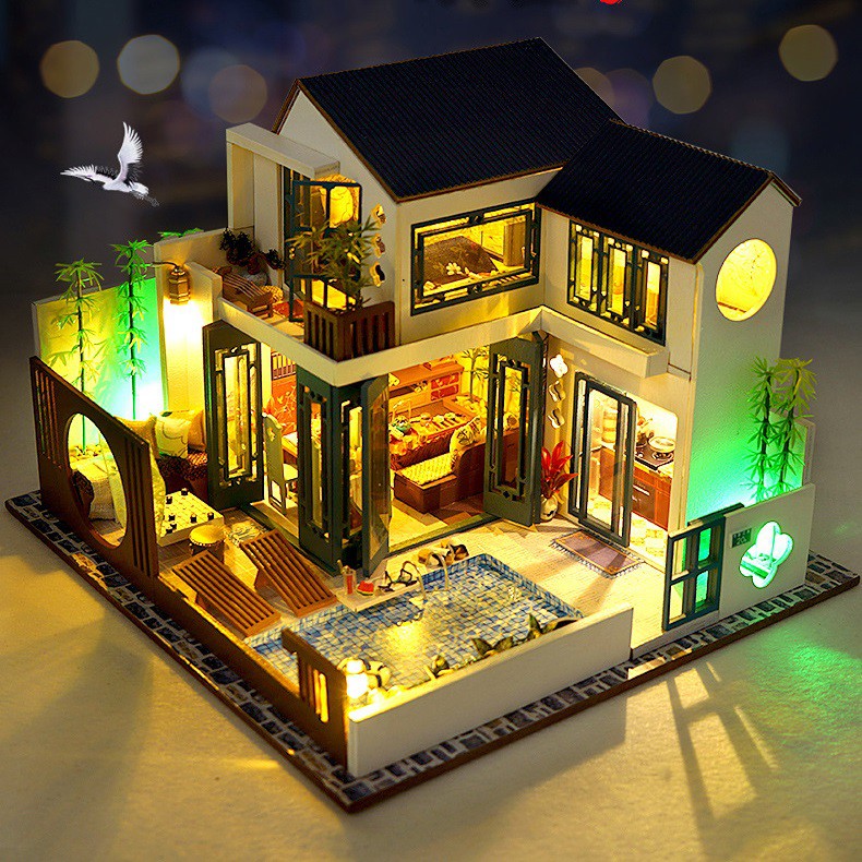 Mô hình nhà DIY Doll House Happy Restaurant Kèm Mica Chống bụi, Bộ dụng cụ, Keo dán và Bộ phát nhạc