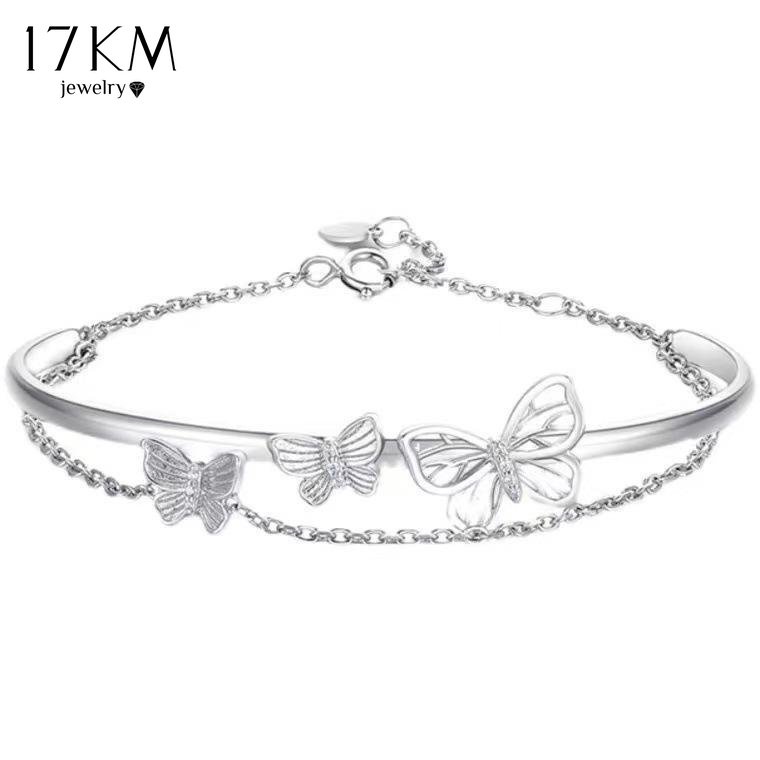 Vòng đeo tay 17KM hai lớp mạ bạc trang trí trái tim và bươm bướm thời trang đơn giản dành cho nữ