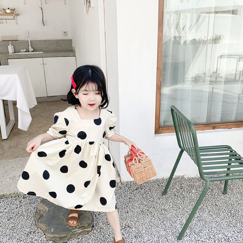 Đầm Bé Gái Chấm Bi Tay Phồng Phong Cách Hàn Quốc