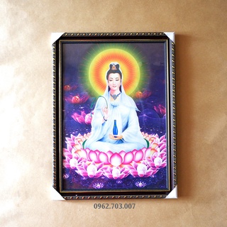 Tranh Quan Âm Bồ Tát Tím 35x47cm bằng vải phủ bóng, khung composite