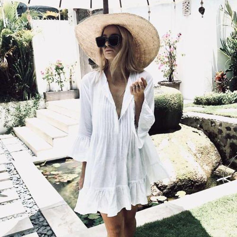 Bộ Đồ Bơi Tay Loe Dài Che Phủ Xếp Ly Cài Nút Thời Trang Mùa Hè Cho Nữ