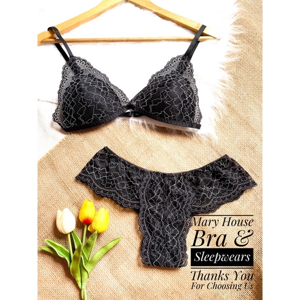 Set bralette ren mút ngực quần T lưng thun đen hoa văn Mary House b ra & Sleepwears