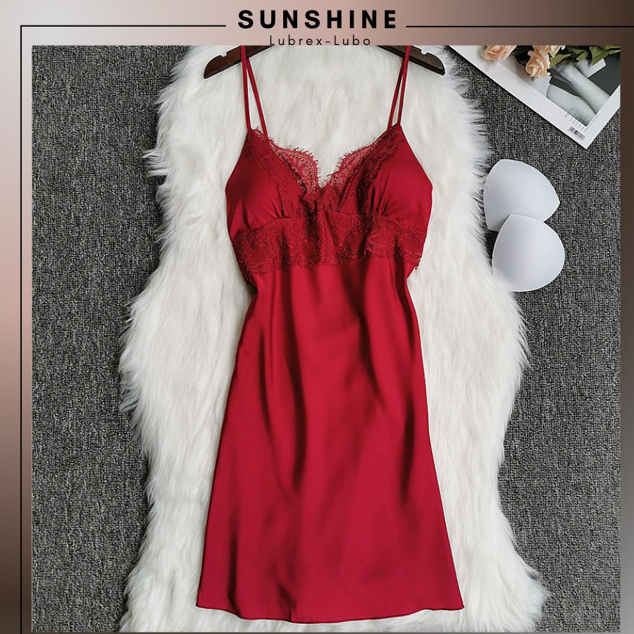 Váy ngủ hai dây lụa satin sexy cao cấp Đầm mặc nhà gợi cảm quyến rũ kèm mút ngực SUNSHINE LUBREXLUBO-MNT130