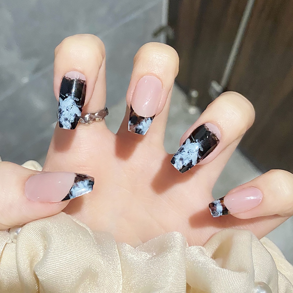 Set 24 móng tay giả kiểu pháp xinh xắn kèm 12 keo thạch dán móng tiện dụng
