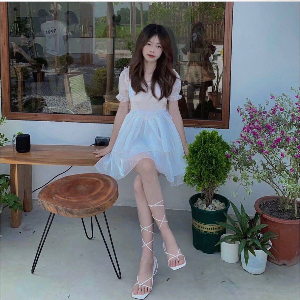Đầm Công Chúa 2 Tầng Cổ Vuông Chất Voan Tơ Khoá Lưng, Váy Xoè 2 Lớp Ulzzang Hàn Quốc