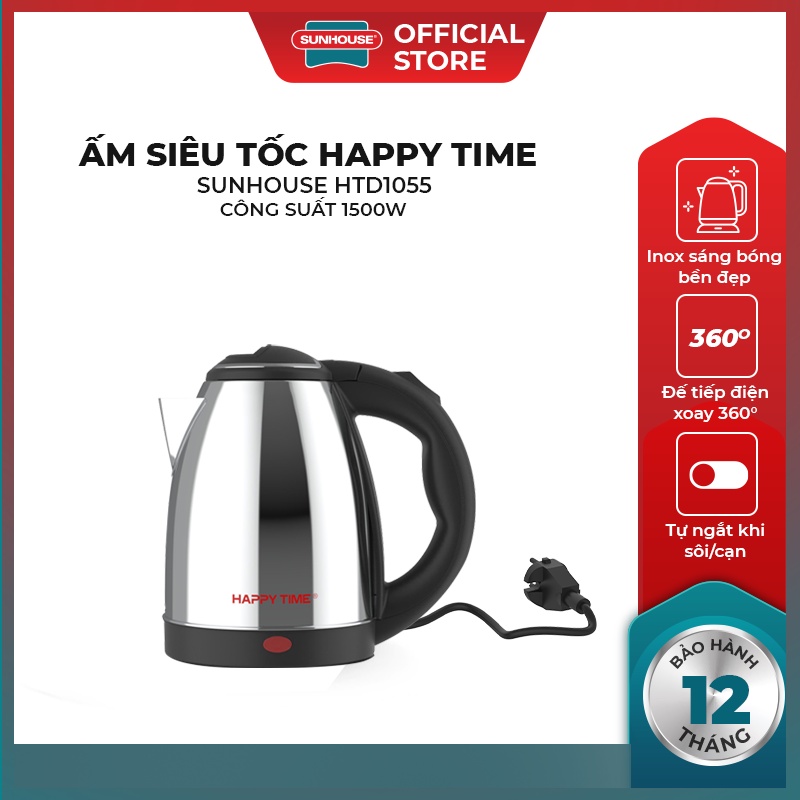 Ấm đun siêu tốc 1.5L Happy Time HTD1055 - Tư ngắt an toàn khi nước sôi & trào - Inox cao cấp - Tay cầm nhựa siêu bền