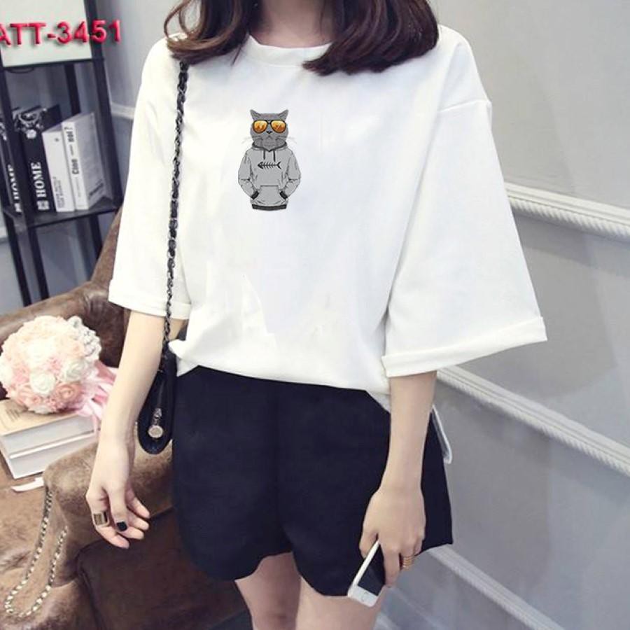 Áo thun nữ tay lỡ Hàn Quốc form rộng in hình mèo mặc áo hoodie chất vài dày mịn TEEWOTL55