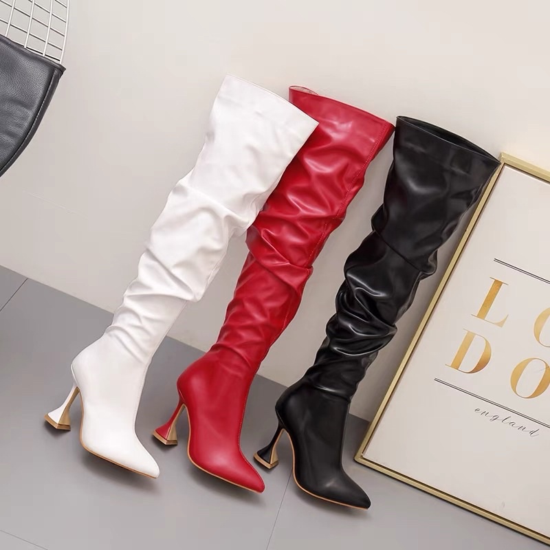Boot đùi nhún cao gót mũi nhọn