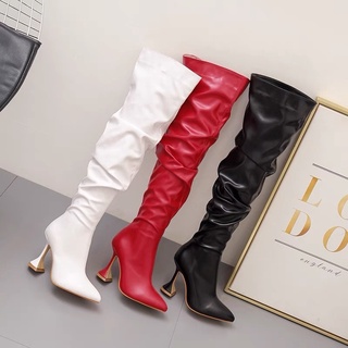 Boot đùi nhún cao gót mũi nhọn