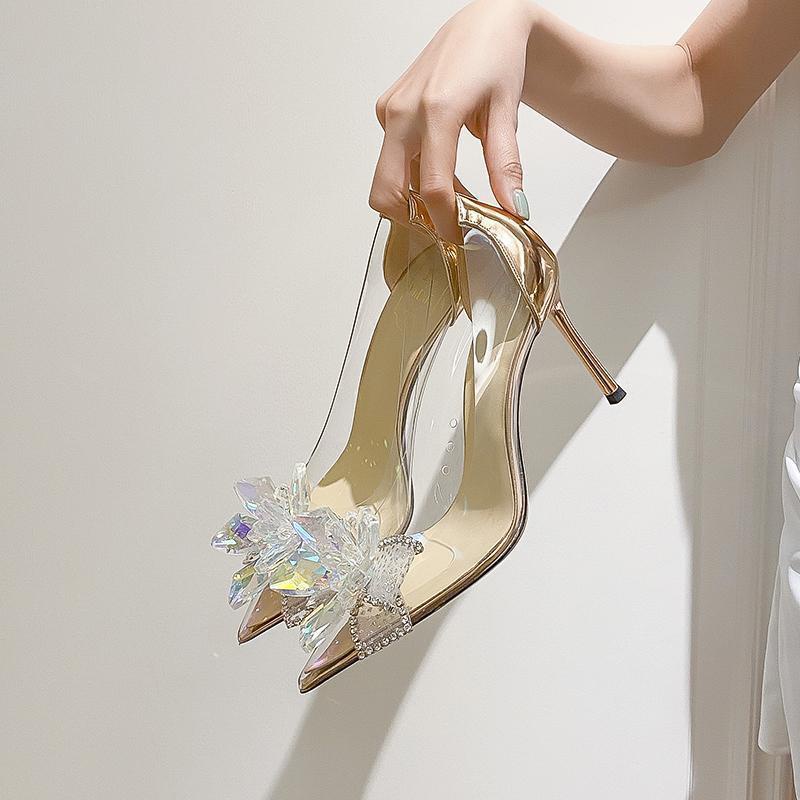 Giày Cao Gót Da Cừu Mũi Nhọn Đính Đá Pha Lê Kiểu Pháp Thời Trang Mùa Hè Cho Nữ