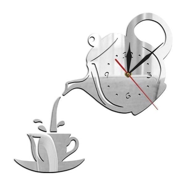 Self-adhesive Acrylic Coffee Cup Teapot Wall Clock/ 3D Wall Stickers Clock Creative Decorative/ Kitchen  Living Room Dining Room Home Decor Clock