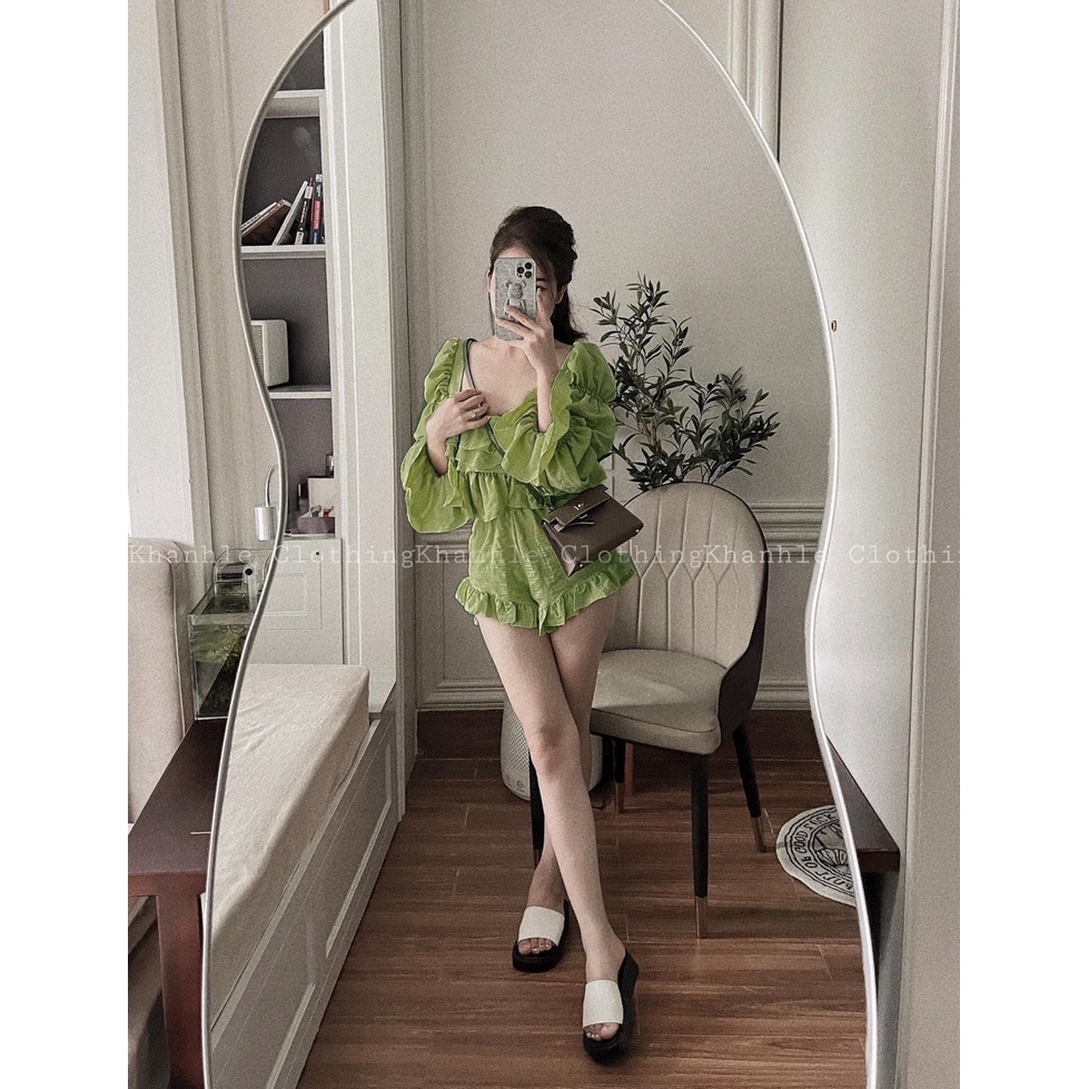 Bộ bèo xanh lá chun tay cổ vuông DN10166