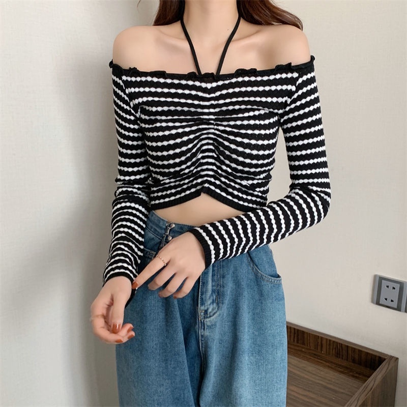 Áo Croptop Trễ Vai Thiết Kế Dây Rút Thời Trang Mùa Xuân Mới Cho Nữ