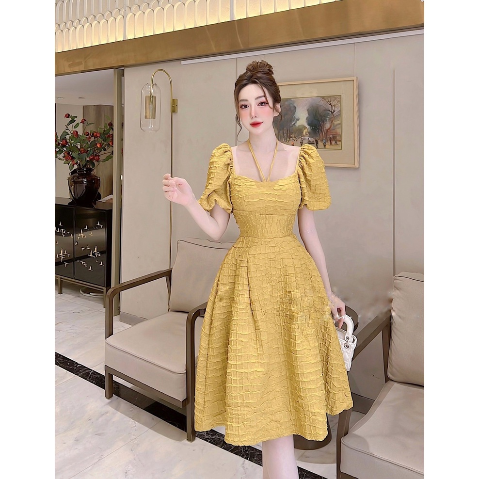 ĐẦM ĐI TIỆC CỔ VUÔNG CỘT DÂY TAY PHỒNG XỊN XÒ BIGSIZE 50.90KG