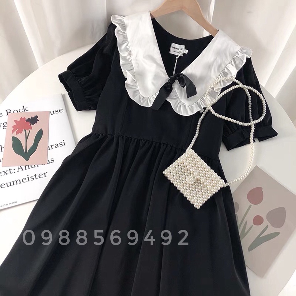 Đầm bầu công sở Váy bầu đẹp BABY DOLL ĐEN CỔ TAM GIÁC NHÚN BÈO BUỘC NƠ MYC 246