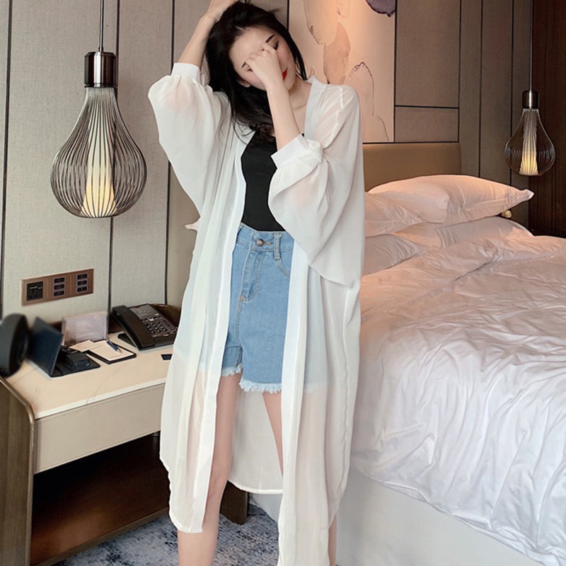 Áo khoác sơ mi vải voan mỏng dáng rộng dài qua gối chống nắng thời trang đi biển / nghỉ lễ mùa hè cho nữ